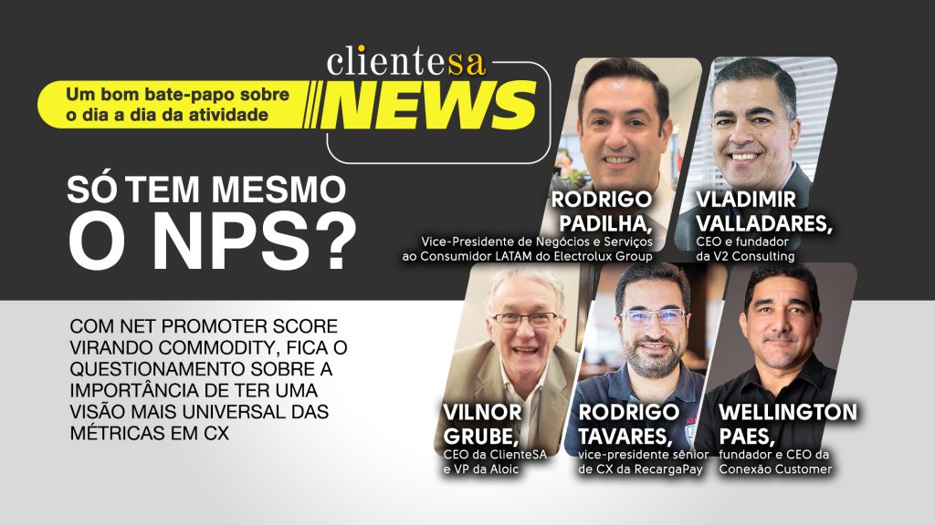 Rodrigo Padilha, vice-presidente de negócios e serviços ao consumidor latam do Electrolux Group e Vladimir Valladares, founder e CEO da V2 Consulting, recebidos pelos cohosts Vilnor Grube, CEO da ClienteSA e VP da Aloic, Rodrigo Tavares, vice-presidente sênior de CX da RecargaPay e Wellington Paes, fundador e CEO da Conexão Customer.